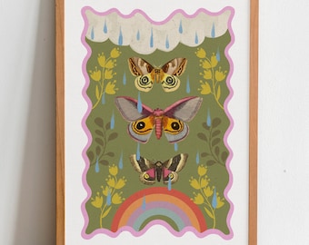 Moths and Butterflies on rainy day print, boho Moth art print