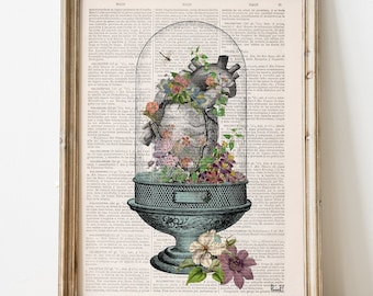 Victorian Anatomical Heart Terrarium Print | Upcycled Book Page Love Gift | Gothic Botanical Wall Art | Dark Academia Decor