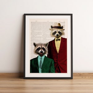 Funny Raccoon Pals Art Print | Quirky Friendship Animal Lover Gift | Vintage Dictionary Page Wall Decor