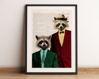 Funny Raccoon Pals Art Print | Quirky Friendship Animal Lover Gift | Vintage Dictionary Page Wall Decor