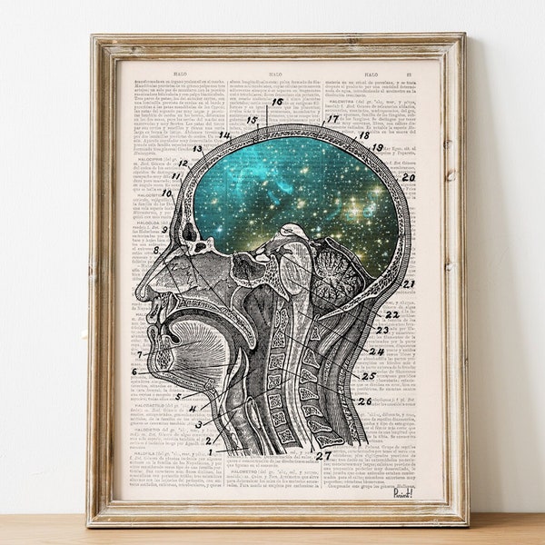 Galaxy Brain Anatomy Art Print | Cosmic Universe in Head Section | Celestial Spiritual Decor | Vintage Dictionary Page