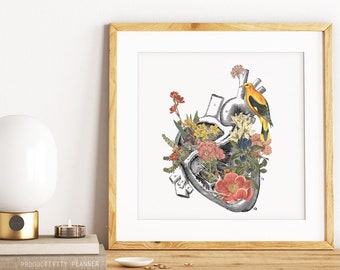 Mothers day gift - Anatomical Heart Print: Flower Anatomy Illustration, Bird Wall Decor