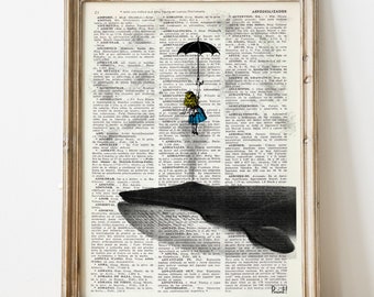 Alice im Wunderland Wal Kunstdruck | Literatur-Wörterbuch-Seite Collage | Wunderliches nautisches Geschenk