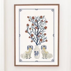 Chinoiserie Staffordshire Dogs Print: Pink Peony & Ming Vase