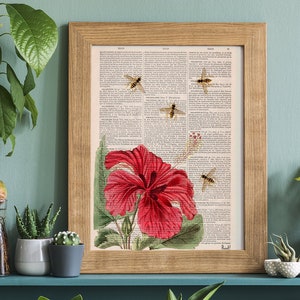 Flower wall art, Gift for mom, Art prints Christmas giftBees and the Hibiscus, Save the bees art, botanical wall art, home decor, BFL003 image 2