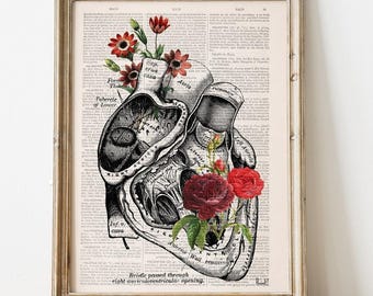 Wall ArtFloral Heart Anatomy Print on Upcycled Book Page | Roses and Human Heart Collage | Unique Literary Doctor Gift