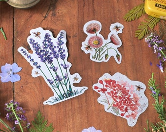 Lavender Flower Stickers: Bee Stickers, PVC Decals - Set of 3