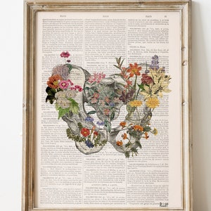 Floral Pelvis Anatomy Print: Flower Collage on Upcycled Book Page