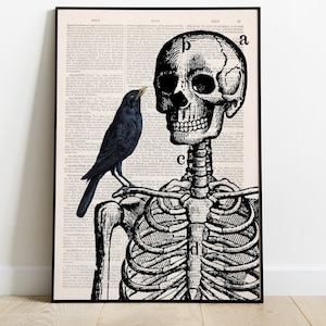 Black Art, Art print, Skeleton and crow Print on Vintage Book page, anatomic art, Funny medical students gift, SKA071