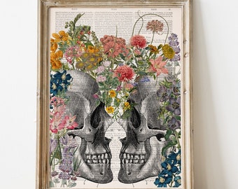 Two Facing Skulls Floral Art Print | Gothic Wedding Anniversary Present | Eternal love Gift | Upcycled Book Page Decor