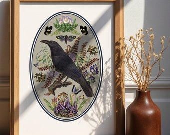 Magical Nature, botanical illustrations, magic art print, boho Aesthetic, Raven art print, Cottagecore Nature print