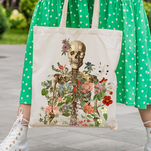 Flower Skeleton tote bag with pocket | Cotton Tote Bag | Med Student Gift | Aesthetic Tote Bag | Tote Bag | TBC005
