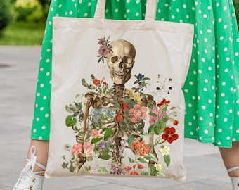 Spring Flowers Skeleton tote bag with pocket | Cotton Tote Bag | Med Student Gift | Aesthetic Tote Bag | Tote Bag | TBC005