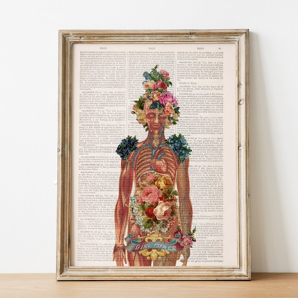 Arte corporal vintage "Girl Power" | Impressão floral de torso feminino em página de dicionário | Decoração exclusiva para consultório de terapeuta | Presente inspirador