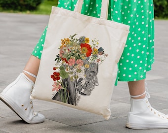 Teacher tote - Tote Bag organic cotton, Flowery Head bag, tote bags canvas, Plant lover gift, Doctor gift, Medical student gift, TBC004