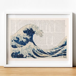 Ocean Wall Art,  Bedroom decor teens, Hokusai's Japanese great wave printed on book page perfect for gifts, Bathroom wall art, SEA001