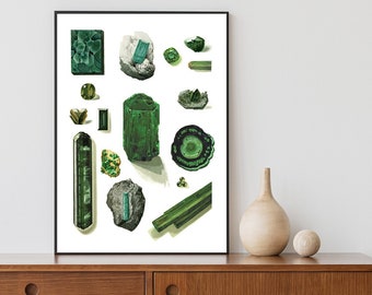 Crystals and Minerals print, Emerald Green  Wall Art , Science art, Wall art decor, Crystal stones Art print, TVH166