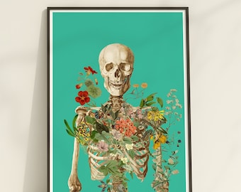 Large wall Art, Skeleton covered with flowers,  Anatomy art with flowers, Wall decor, Wall art in blue, Skeleton Poster art, SKA146CA3