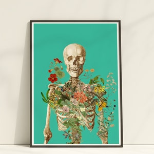 Large wall Art, Skeleton covered with flowers,  Anatomy art with flowers, Wall decor, Wall art in blue, Skeleton Poster art, SKA146CA3