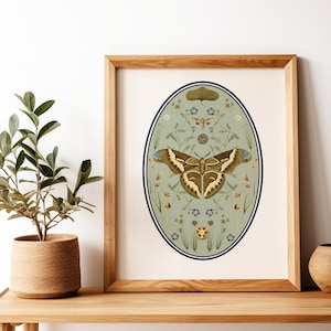 Moths Art Print: Botanical Illustration, Boho Cottagecore Nature