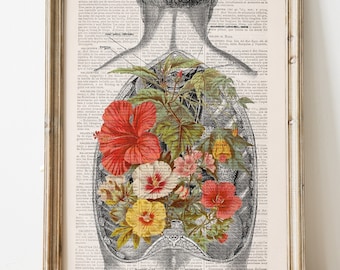 Dokter cadeau - Muurprint Natuur op een open rug menselijke anatomie Print op woordenboekpagina - menselijke anatomie - wetenschappelijke kunst - SKA098