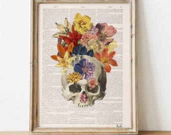 Psychedelic Art, Bedroom decor teens - Gift for her, Flowers and  Skull collage Print, Skull Art, Gothic Art,  Wall decor art, SKA016