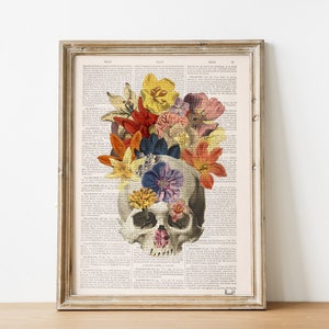 Psychedelic Art, Bedroom decor teens - Gift for her, Flowers and  Skull collage Print, Skull Art, Gothic Art,  Wall decor art, SKA016