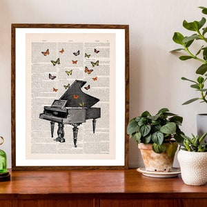 Home decor - Gift for the home - Piano Wall art - Music art - Butterflies over piano Print on Dictionary - gift for music teachers - BFL086