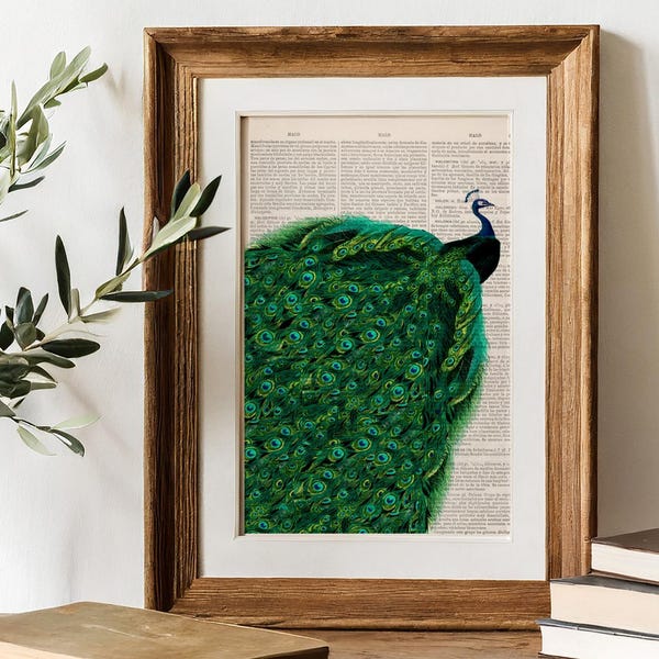 Emerald Green Peacock Full Tail Art Print | Maximalist Cottagecore Decor | Vintage Dictionary Page Bird Gift