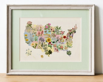 US State Flowers Art Print: Botanical Map Poster