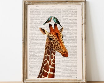 Giraffe Birds Art Print: Vintage Dictionary Page Animal Wall Decor