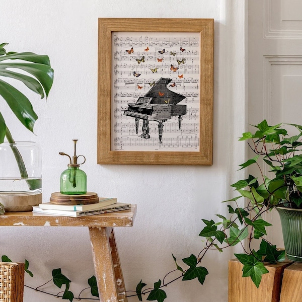 Home gift, Butterflies art prints, Piano with butterflies Art print on music sheet, Music teacher gift, art print, wall decor, BFL086MSM