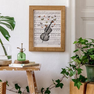 Vintage wall art, Cello with butterflies Art print on Music sheet, perfect for gifts, Gift for music teacher, BFL083MSL