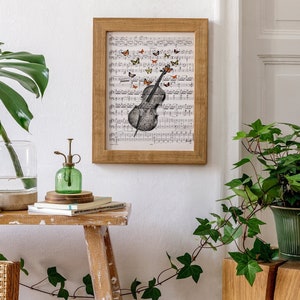 Wall art prints, Cello with butterflies Art print on Music sheet, perfect for gifts, Gift for music teacher, BFL083MSL