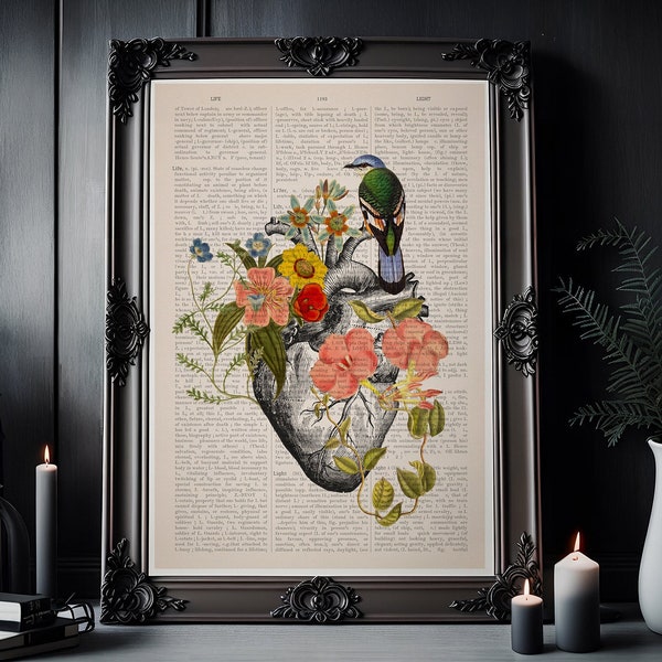 Décoration d'intérieur - Oiseau bleu sur coeur anatomique - Imprimé coeur de fleur - Imprimé anatomie de fleur - Décoration anatomie - Art durable - Cœur d'art