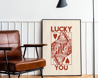 Retro Trendy Aesthetic Wall Art, Wall Print, Digital Download Print, Wall Decor, Large Printable Art, Queen of Hearts, Lucky You Card DGT006