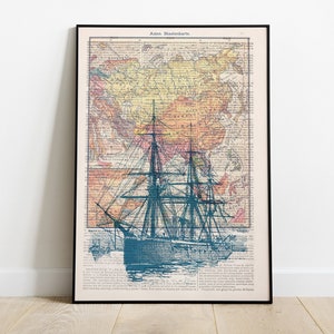 Home decor, Old ship and vintage map Wall Print on Vintage Encyclopedic Dictionary Book page the best choice for gifts, Wall decor, SEA091