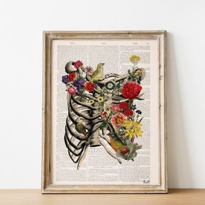 Eco-Friendly Anatomy and Flowers Art: Rib Cage Collage on Antique Book Pages - SKA280