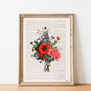 Vintage botanical art , Wall decor, Floral Bouquet on Dictionary Botanical wall art, Housewarming gift, Home gifts, Plant wall art, BFL146 image 1