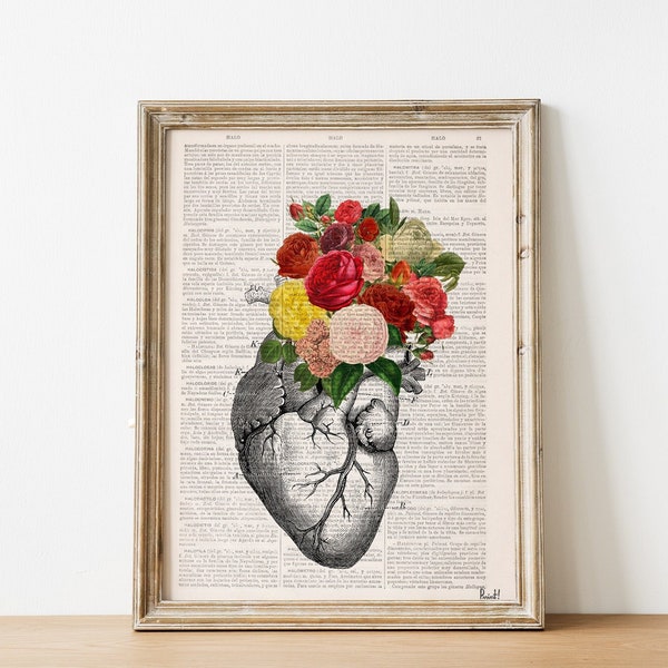 Feminine Anatomy Heart Art Print | Roses Flowers on Upcycled Dictionary Page | Cottagecore Gift for Girlfriend | Unique Love Art