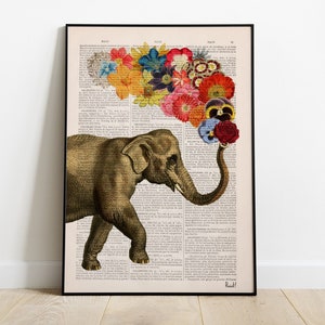 Elephant with Flowers, Home Decor, nursery decor, Happy decoration, Animal Wall Art, Prints, Floral Wall Art, ANI091