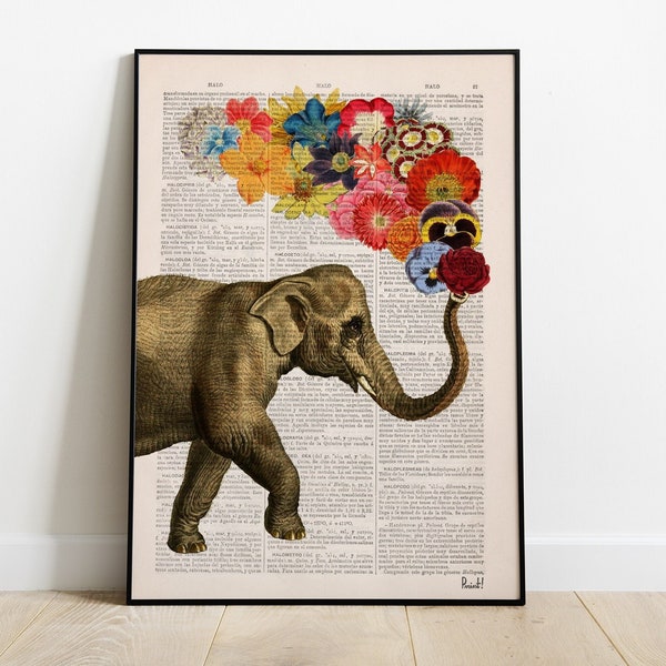 Elephant with Flowers, Home Decor, nursery decor, Happy decoration, Animal Wall Art, Prints, Floral Wall Art, ANI091