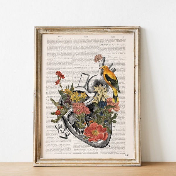 Floral Heart Anatomy Art Print: Upcycled Book Page Wall Decor