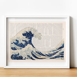 Hokusai's Great Wave Off Kanagawa Print | Japanese Ukiyo-e Art on Book Page | Coastal Bathroom Bedroom Wall Decor