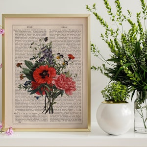 Vintage botanical art , Wall decor, Floral Bouquet on Dictionary Botanical wall art, Housewarming gift, Home gifts, Plant wall art, BFL146 image 3