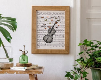 Cello and Butterfly Art Print on Vintage Music Sheet | Unique Gift for Musician | Music Lover Wall Decor | Literary Book Page Art