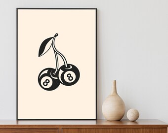Trendy Retro 8 Ball Cherries Print Illustration Vintage, Wall Art Modern Decor Illustration, Large Printable Art Digital Download, DGT005