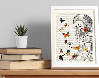 Literary Gift - Alice in Wonderland Playing with butterflies print on Dictionary Book Page - ecological gifts - ALW044