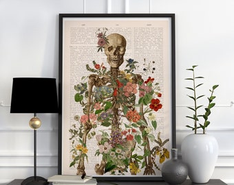 Arte psicodélico - Regalo médico Anatomía Arte de la pared - Esqueleto de flores - Arte del esqueleto humano - Decoración anatómica - SKA149