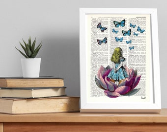 Gift for her, Alice in Wonderland blue butterfly on Vintage Dictionary, Wall decor, art print, Alice wall art, Nursery decoratios, ALW013